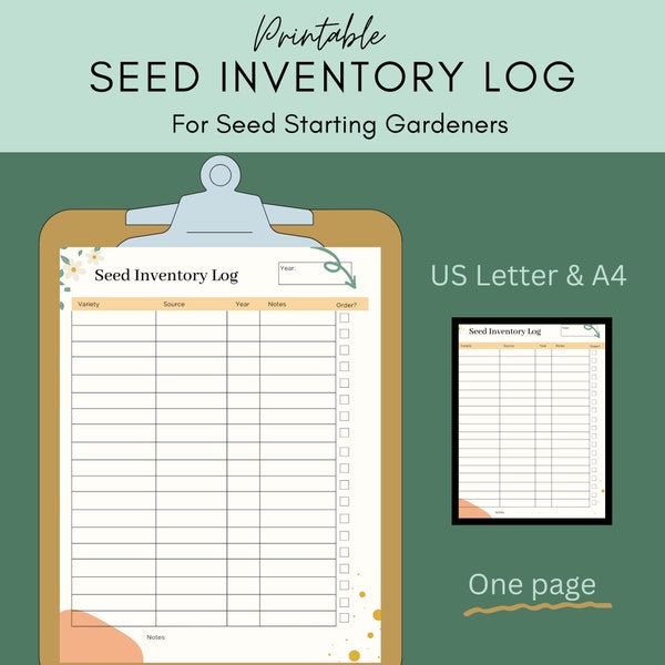 Seed Inventory Log printable PDF, gardening planner for Seed Starting indoors greenhouse, 2024 order sheet for garden binder organization