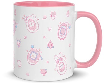 TAMAGOTCHI - Kawaii Mug with Pastel pink handle and inside | Original Illustration | 90s Retro old school Ceramic Mug