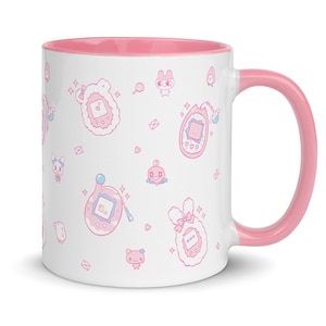 TAMAGOTCHI - Kawaii Mug with Pastel pink handle and inside | Original Illustration | 90s Retro old school Ceramic Mug