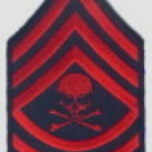 May include: Red and black military rank insignia with three chevrons and a skull and crossbones.