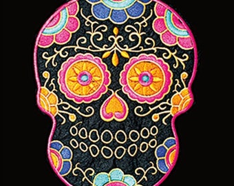 SALE Halloween LARGE Patch Applique Embroidered Day Of The Dead Mostly Black Sugar Skull 9 X 9 Inches 15671