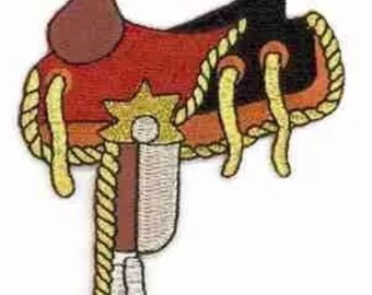 A Metallic Thread Western Saddle Iron on Patch 3 X 3 1/4 Inches