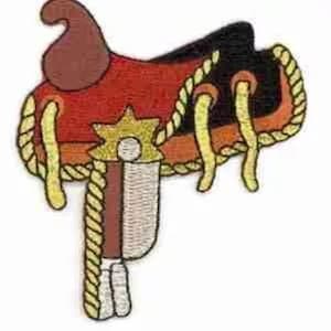 May include: A red and black embroidered saddle with a yellow rope and a gold star. The saddle is a traditional western style.
