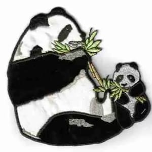 May include: Embroidered patch featuring a panda bear and a baby panda, both in black and white, eating bamboo. The patch has a detailed design with green bamboo leaves and a white background.