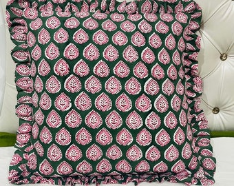 Block Printed Boho Frill Cushion Cover, Bohemian Cotton Floral Pillow Cover, Modern Farmhouse Pillow, Neutral Home Decorative Throw Pillows,