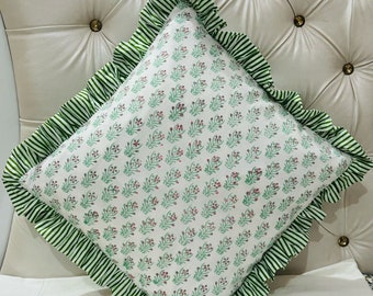 Loterijkussens, vintage stijl kussensloop met bloemen en ruches, boho kussenslopen met kleurrijke randen, blokdruk decoratieve Indiase sierkussens