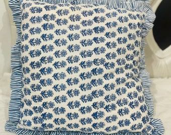 indian block print cotton frill cushion cover, bohemian raffle cushions handmade boho cotton pillow covers floral block throw pillows