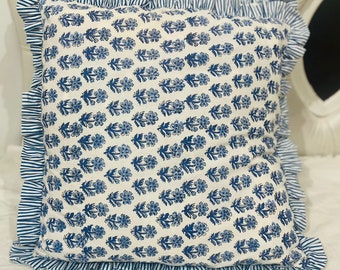 Funda de cojín de algodón con volantes y estampado de bloques indio, cojines boho para rifa, fundas de almohada de algodón boho hechas a mano, funda de cojín decorativa con estampado floral.