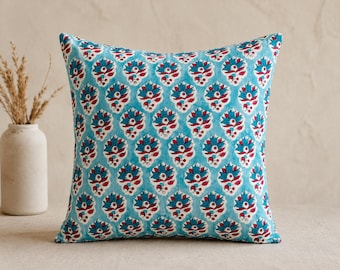 Vintage hand block cotton cushion cover, floral home decorative pillowcase, living room pillow cover, Accent Pillow cover, gift for her,