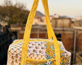 Bolsa de viaje grande de algodón para fin de semana, bolsa de lona acolchada hecha a mano, bolsas para pasar la noche impresas en bloque, bolsa de equipaje de mano, bolsas para mujeres,