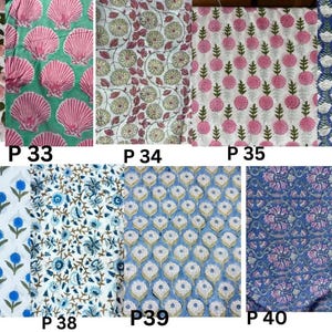May include: A collection of fabric swatches with various floral and geometric patterns. Designs include pink flowers, seashells, and stylized floral motifs in shades of pink, blue, green, and white. Each swatch is labeled with a "P" followed by a number.