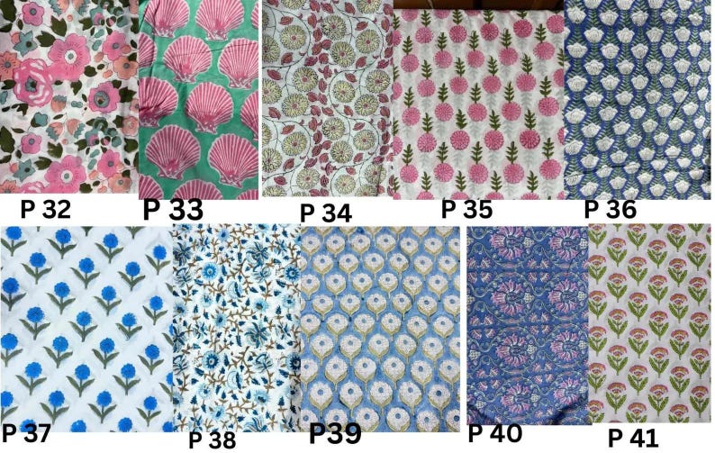 May include: A collection of fabric swatches with various floral and geometric patterns. Designs include pink flowers, seashells, and stylized floral motifs in shades of pink, blue, green, and white. Each swatch is labeled with a "P" followed by a number.