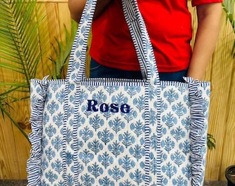 Boho Ruffle Embroidered Quilted Tote Bag,  Women's Shopper Quilted Cotton Kantha Travel Bag Large Floral Weekender Bags