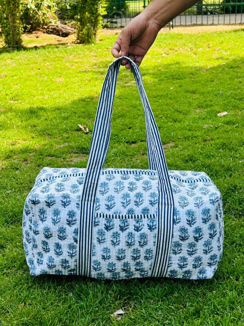 Large Cotton Weekender Travel Bag, Handmade Quilted Fabric Duffle Bag, Block Printed Overnight Bags, Hand Luggage Bag, Bags for Women, color -3