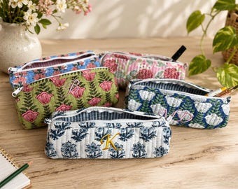 Cotton Quilted Pencil Case, Floral Makeup Brush Bag: Quilted Cosmetic Travel Pouch, Bridesmaid Gift