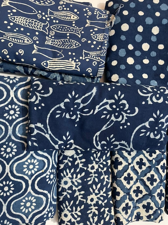 Indigo Blue Fabric Scraps, Boho Quilting Cotton Fabric, Indian