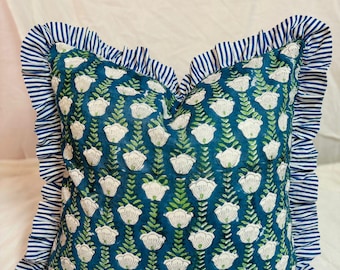 Cotton Ruffled Floral Pillowcases,100%Cotton Hand Block Cushion Cover Pillow Shame, Printed Bohemian Frill Cushion Pillows Boho India Pillow
