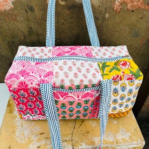 Large Cotton Quilted Duffle Tote Shoulder Bag, Floral Print Washable Overnight Bag, Eco friendly Yoga Shopping Beach Boho Weekender Bags