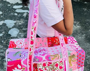 Large Cotton Weekender Travel Bag, Handmade Quilted Fabric Duffle Bag, Block Printed Overnight Bags, Hand Luggage Bag, Bags for Women,