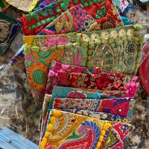 Vintage Decorative Boho Patchwork Cutter Quilt Scarps Handmade Embordery bohemian colorful swatches, India beaded fabric pieces junk journal