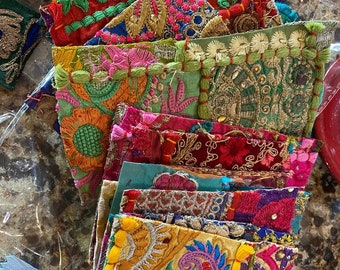 Vintage Decorative Boho Patchwork Cutter Quilt Scarps Handmade Embordery bohemian colorful swatches, India beaded fabric pieces junk journal