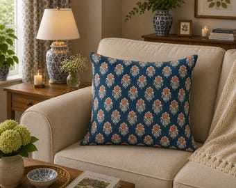 Indian Hand Block Printed Floral Indian Hand Block Print Pillow Cover Boho Cushion Cover Cotton Bed Throw Pillows - 45X45, 50X50 CM