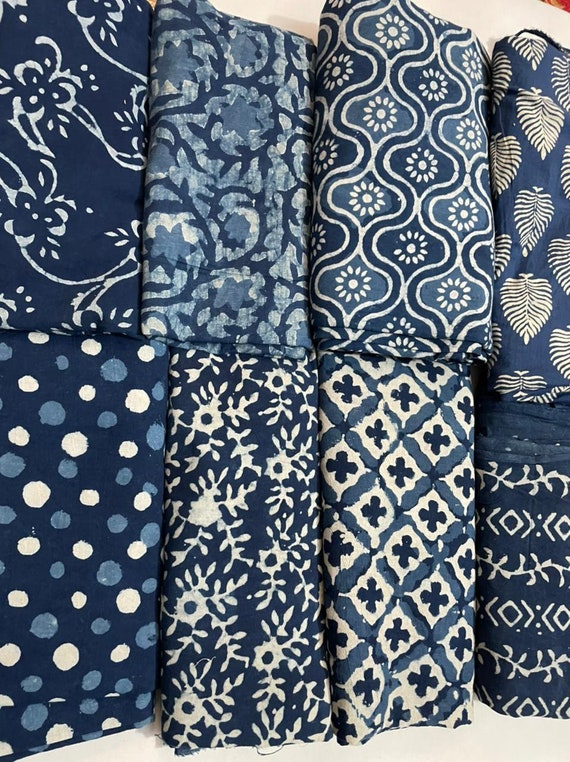 Indigo Blue Fabric Scraps, Boho Quilting Cotton Fabric, Indian