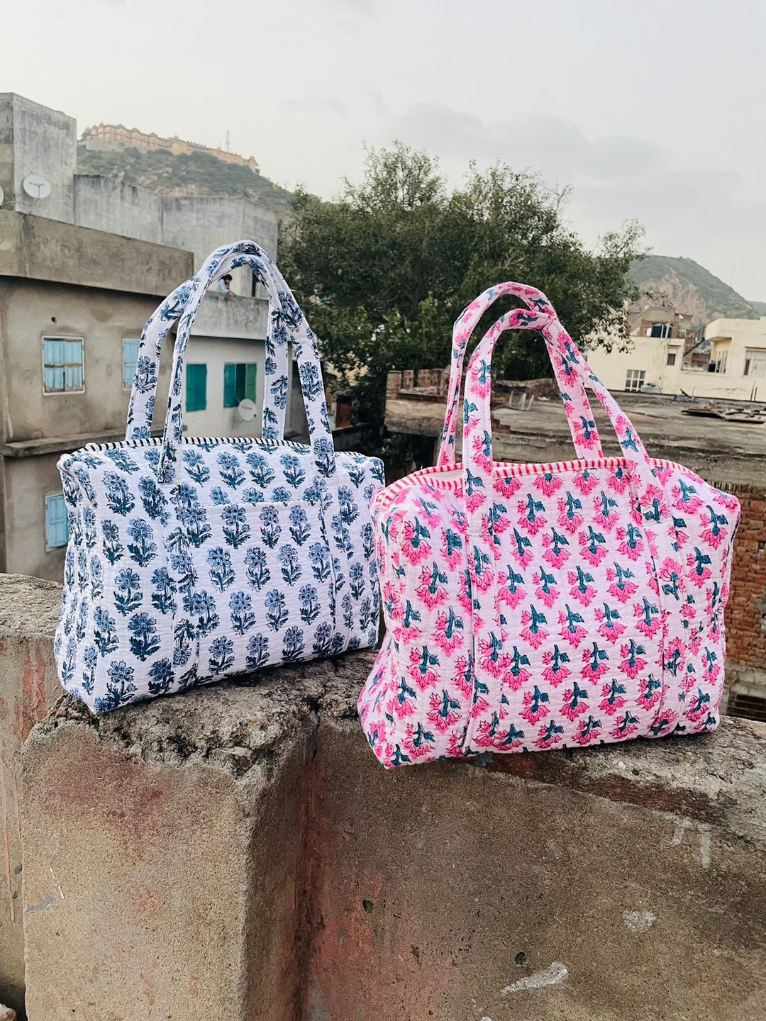 Large Cotton Quilted Duffle Tote Shoulder Bag Floral Print