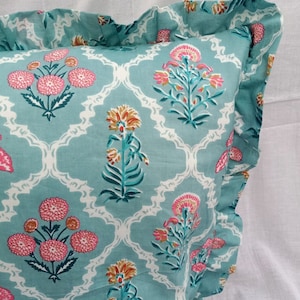 Cotton Ruffled Floral Pillowcases,100%Cotton Hand Block Cushion Cover Pillow Shame, Printed Bohemian Frill Cushion Pillows Boho India Pillow