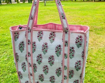 Oversized Large Quilted Weekend Tote Bag - Cotton Block Printed Overnight Beach Bag Grocery Shopping Travel  Handmade Boho Bags For Women