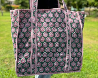 Oversized Large Quilted Weekend Tote Bag - Cotton Block Printed Overnight Beach Bag Grocery Shopping Travel  Handmade Boho Bags For Women