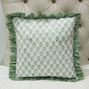 Block Print Boho Cushion Cover With Frill Handmade Cotton Bed Throw Pillows, bohemian pillow cushion cover vintage home decor frill cushion