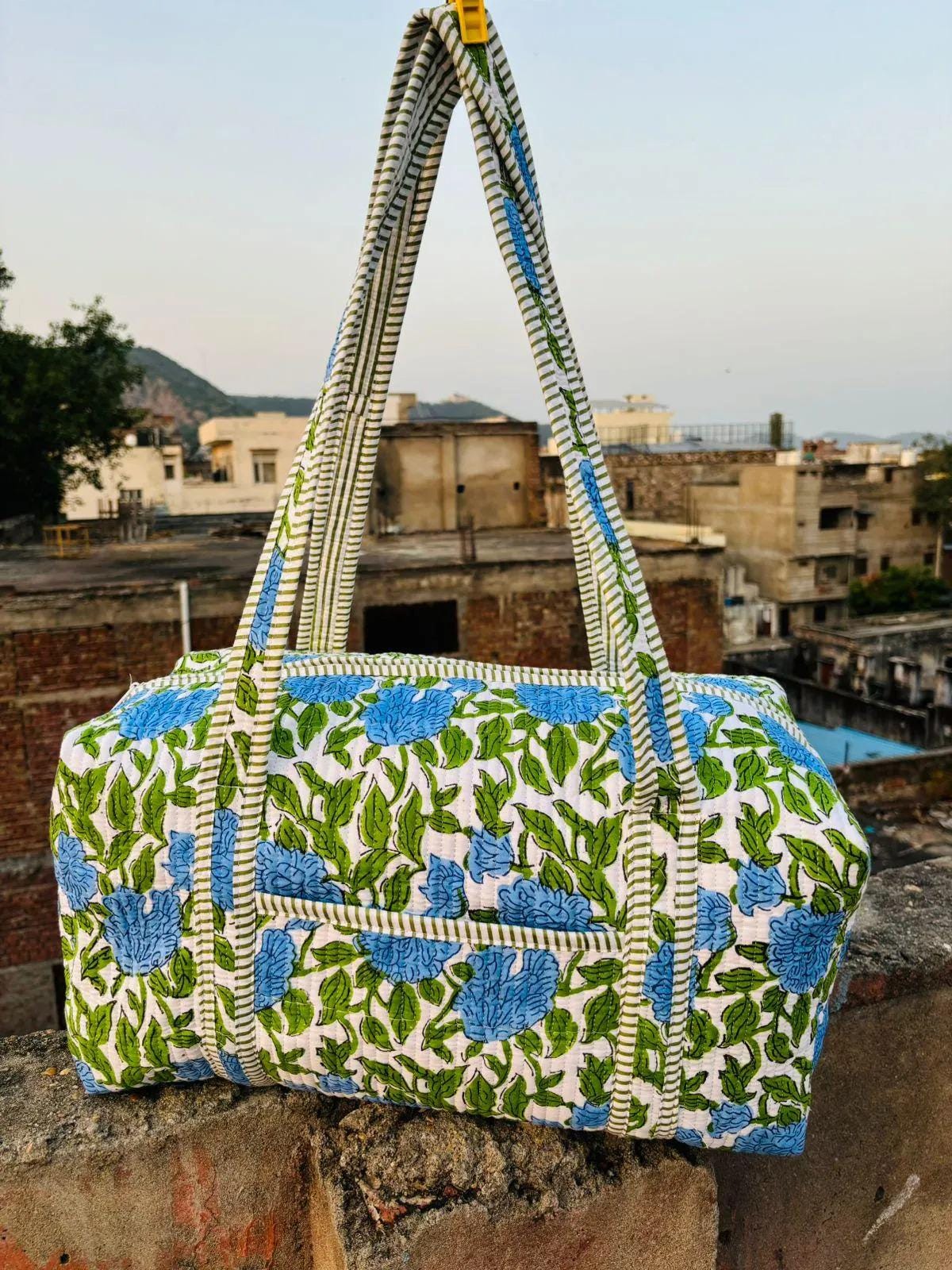 Large Cotton Weekender Travel Bag, Handmade Quilted Fabric Duffle