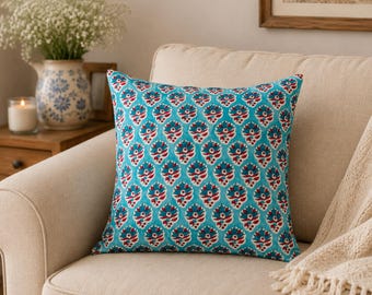 Floral Hand Block Print Pillow Cover Organic Cotton Turquoise Sham living and Home Decor Pillow 18x18, 20x20