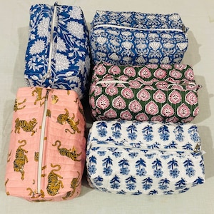 Vintage Large Cosmetic Bags, Cotton Quilted Wash Bag, Block Printed Handmade Toiletry Bag, Bridesmaid Gifts, Travel Case Pouch Holiday Gift