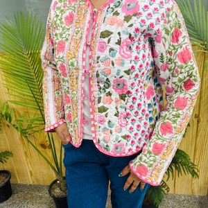 Vintage Patchwork Quilted Jacket, Women’s Boho Floral Cotton Jacket, Indian Block Print Short Coat, Handmade Bohemian Jacket