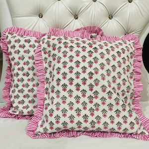 indian block print cotton frill cushion cover, bohemian raffle cushions handmade boho cotton pillow covers floral block throw pillows
