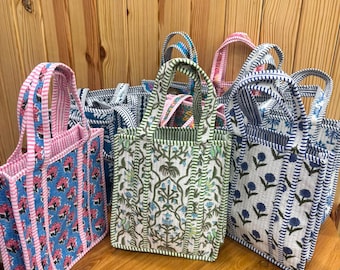 Handmade Quilted Floral Tote Bag Indian Block Print Cotton Market Bag Large Reusable Shoulder Tote Boho Gift for Her