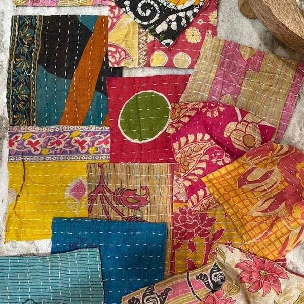 India Bohemian Decorative Kantha fabric Square Pack Boho fabrics Quilting squares-Kantha Quilts-Junk Journal Kantha Fabric-