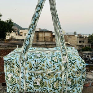 Large Cotton Weekender Travel Bag, Handmade Quilted Fabric Duffle Bag, Block Printed Overnight Bags, Hand Luggage Bag, Bags for Women,