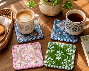 Colorful Quilted Fabric Coasters Set Handmade Floral Cotton Drink Coasters Boho Table Décor Housewarming Gift