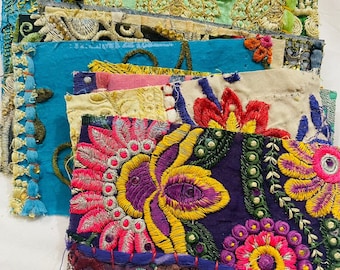 Retales de tela bordados a mano vintage, muestras decorativas bohemias, piezas de portada de diario basura, colcha loca, adorno de puntada lenta