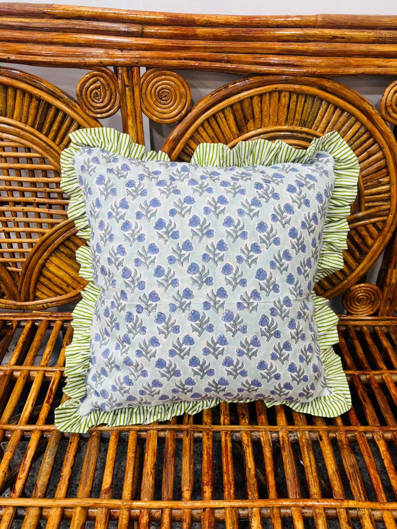 Block Print Boho Cushion Cover With Frill Handmade Cotton Bed Throw Pillows, bohemian pillow cushion cover vintage home decor frill cushion Pattern 15