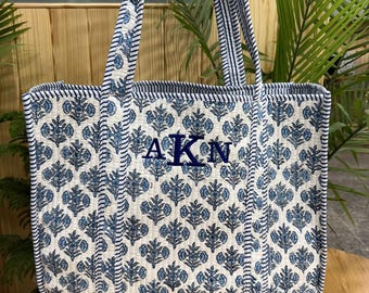 Embroidered Large Tote Weekend Bags, Cotton Quilted Hand printed Floral Shopping Travel Carryall Bag Beach Tote Bags for Women Gifts,