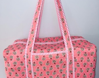 Large Cotton Weekender Travel Bag, Handmade Quilted Fabric Duffle Bag, Block Printed Overnight Bags, Hand Luggage Bag, Bags for Women,