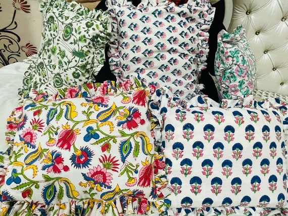 Fodere per cuscini rettangolari con stampa a blocchi floreali con volant  floreale Indiano boho divano cuscino fatto a mano con volant arricciato  finta decorazione per la casa -  Italia