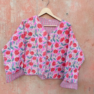 Cotton Women&#39;s Quilted Jacket Block Printed Boho Style Quilted Handmade Jackets, Coat Holidays Gifts Button Closer Jacket for Women Gifts