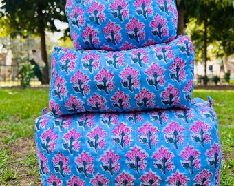 Quilted Cotton Makeup Bag Indian Hand Block Print Travel Cosmetic Organizer Pouch for Bridesmaid Gift & Weekend Getaway
