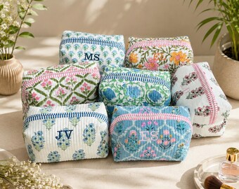Quilted Makeup Bag, Cotton Cosmetic Pouch, Vintage Floral Toiletry Bag, Zipper Makeup Organizer, Handmade Floral Makeup Bag, Bridesmaid Gift