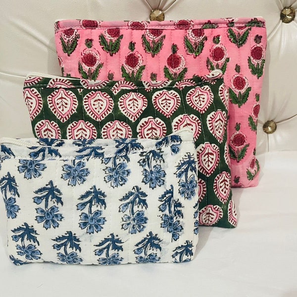 Bridesmaid Gifts Vintage Floral Cotton Large Toiletry Bags Handmade Quilted Makeup Pouch Block Printed Boho Cosmetic Bag Travel Pouch Gifts